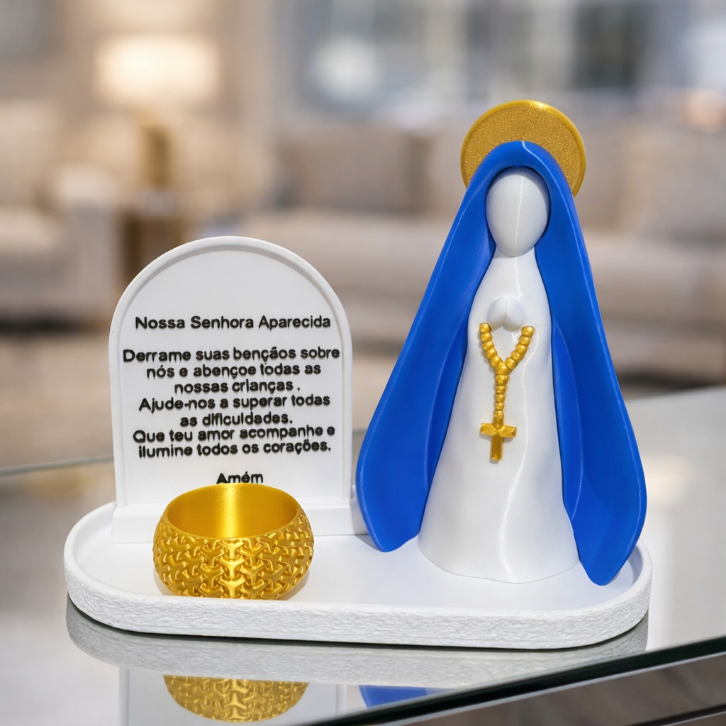 Escultura Nossa Senhora Aparecida com Porta Vela LED + Oração | Decoração Religiosa 18cm | Presente Católico Especial AP