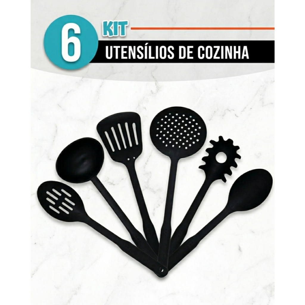 Kit 6 Peças Utensílios de Cozinha Nylon Concha Escumadeira Virador Espátula Pegador Macarrão Colher