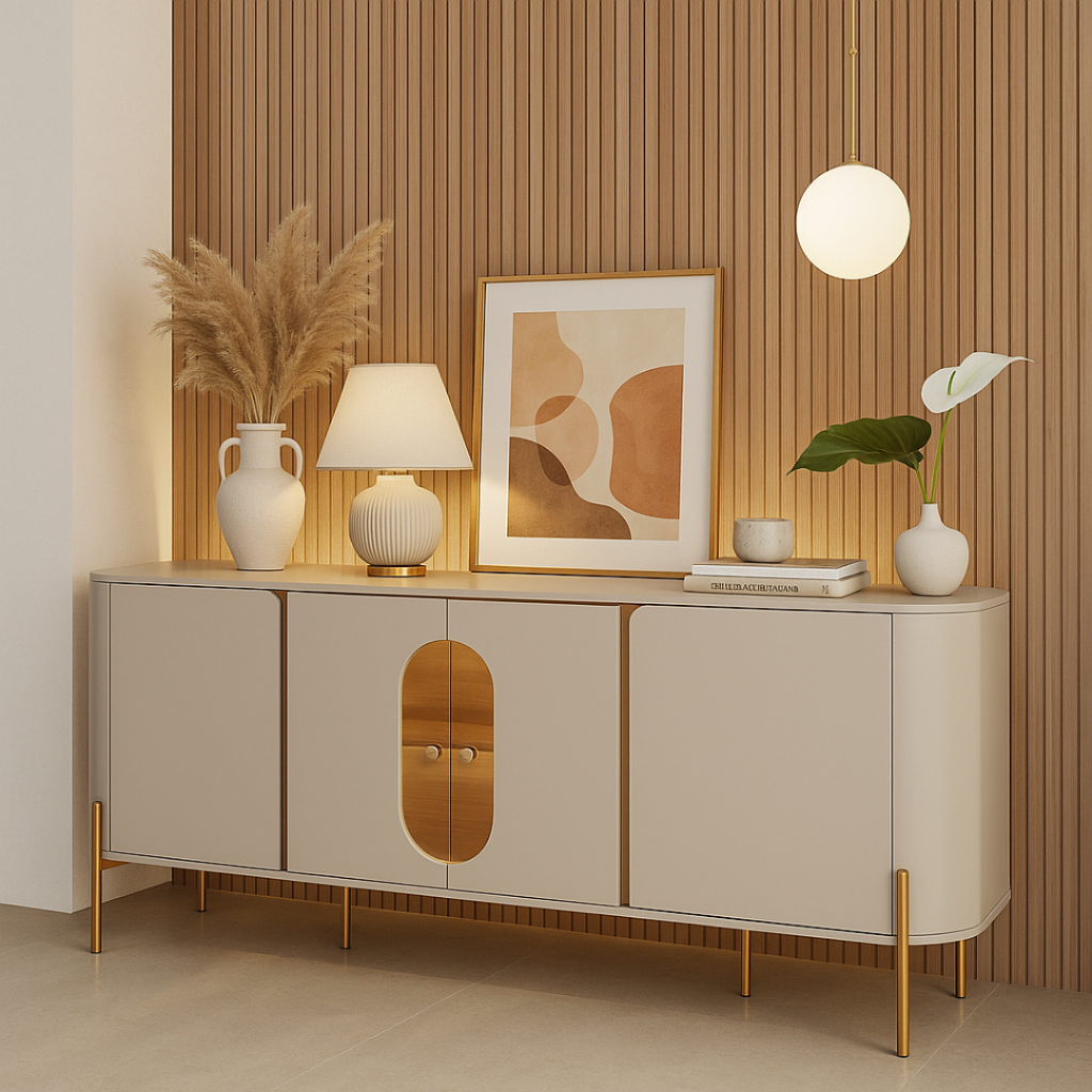 Aparador Buffet Prime Hall De Entrada MDF Pés Dourado Aço Led Embutido 4 Portas Vidro Moderno
