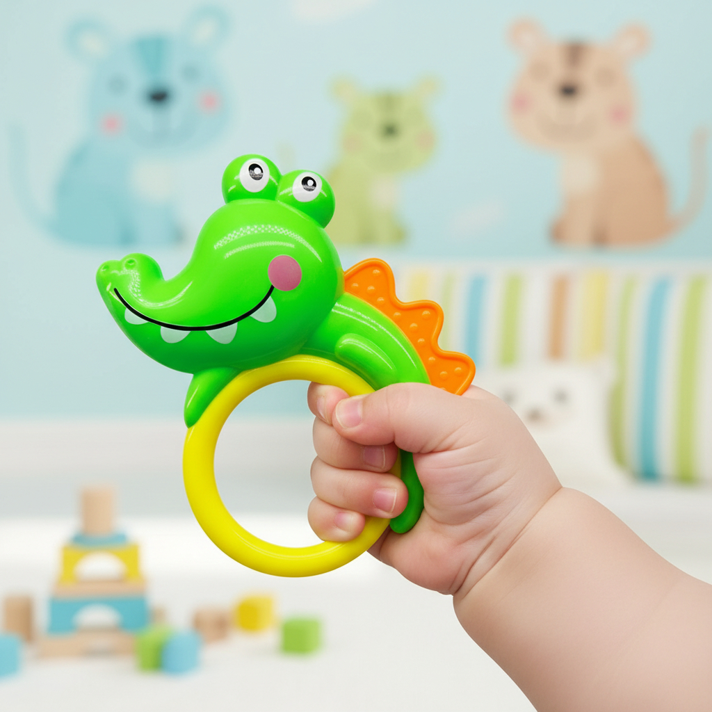 Brinquedo Mordedor Bebê Chocalho Crocodilo Infantil 14cm