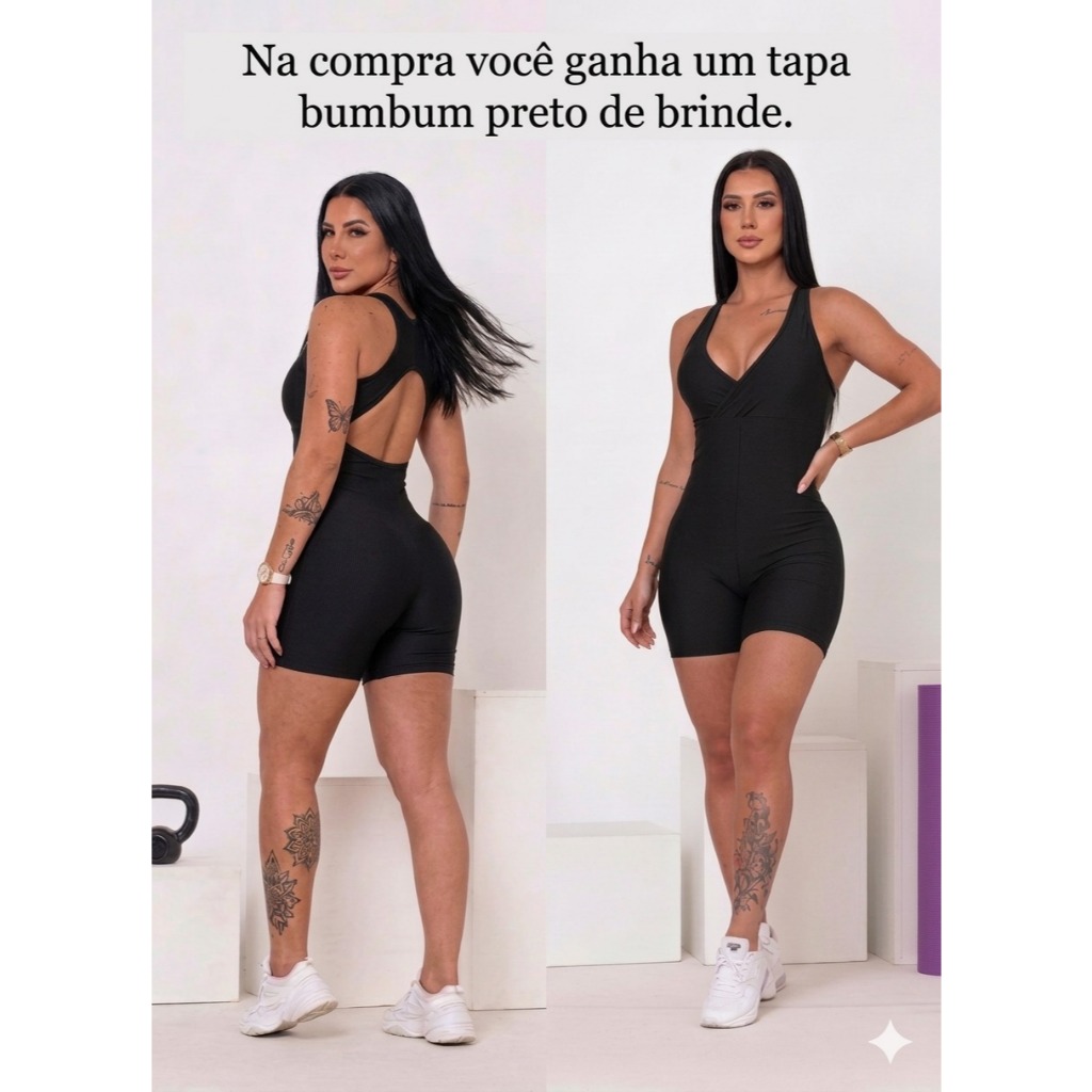 Macaquinho Macacão Fitness Academia, que vira Body, 2 em 1, Look completo,  VESTE, 38 AO 50 (COM BOJO REMOVIVEL)