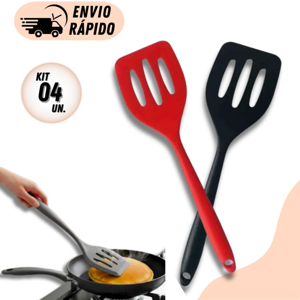 KIT 4/2 OU 1 ESPÁTULA VAZADA DE SILICONE ANTIADERENTE RESISTENTE AO CALOR  UTENSÍLIOS PARA COZINHA NÃO RISCA PANELAS