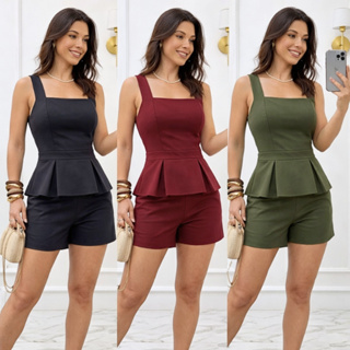 Conjunto Iris Feminino Alfaiataria Blusa Babado Alcinha Short Curto Cintura Alta Social Elegante M G GG Moda Verão Promo em Oferta na Shopee
