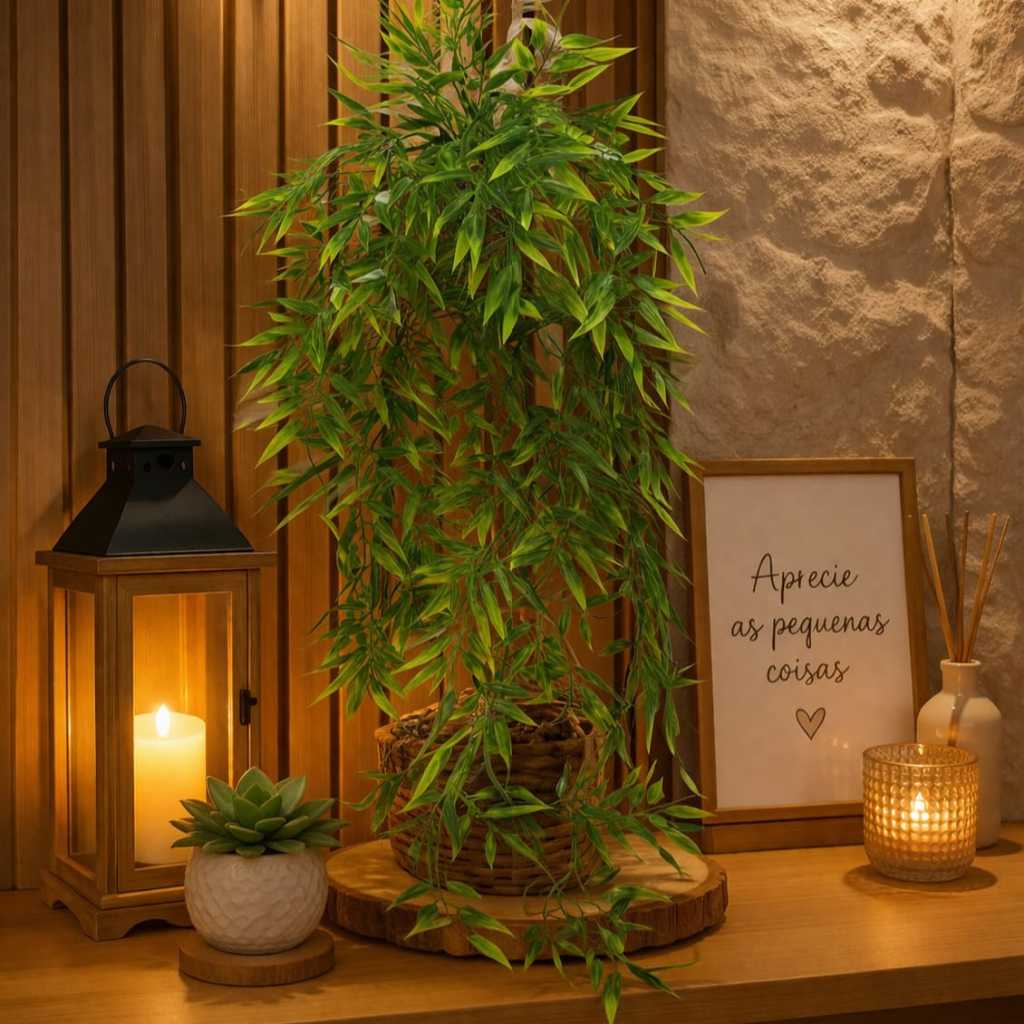 Arranjo com planta artificial para decoração vasinho espelhado com folhagens caídas