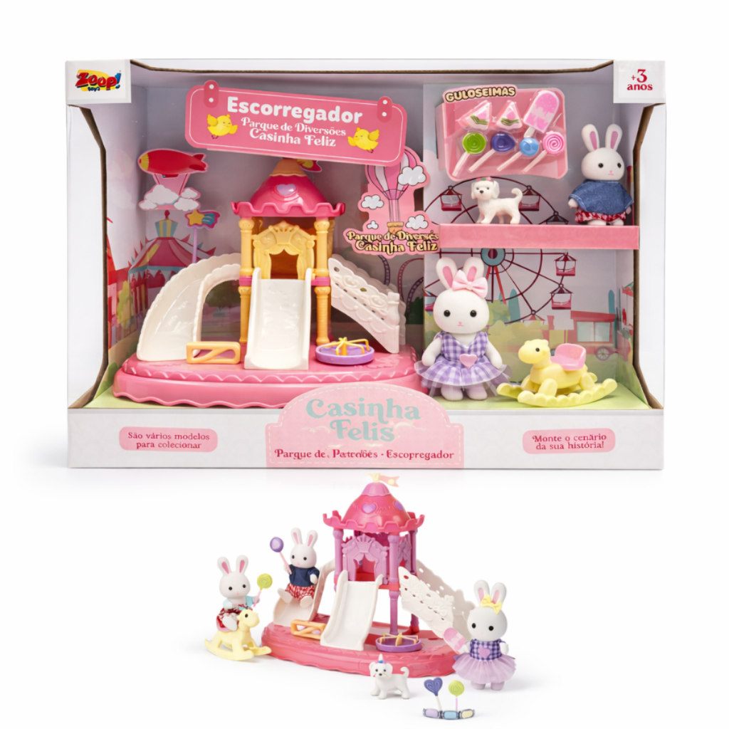 Casinha Feliz Parque de Diversões com Escorregador e Coelhinhos Kit Brinquedo Infantil Completo + Acessórios