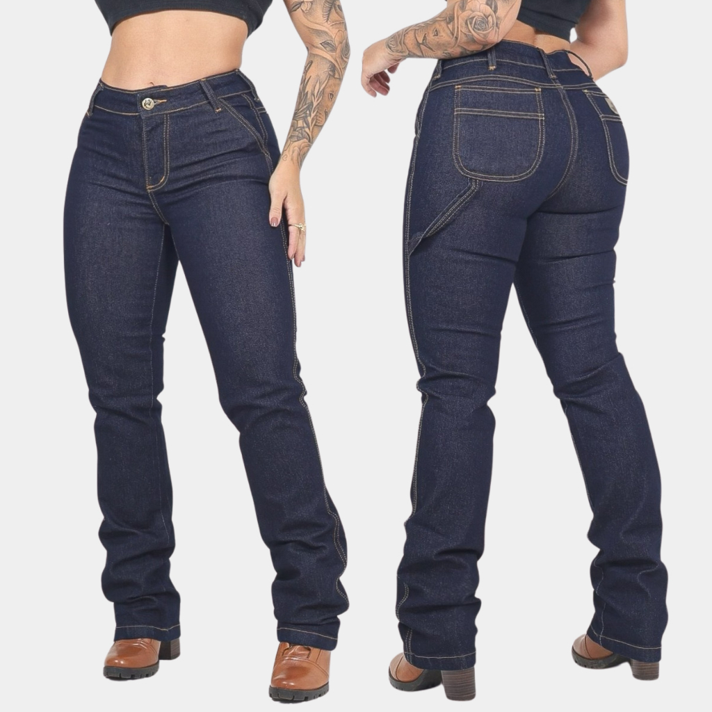 Calça Jeans Feminina Country Carpinteira Cós Alto Empina Bumbum Elastano Rodeio Montaria Western Premium