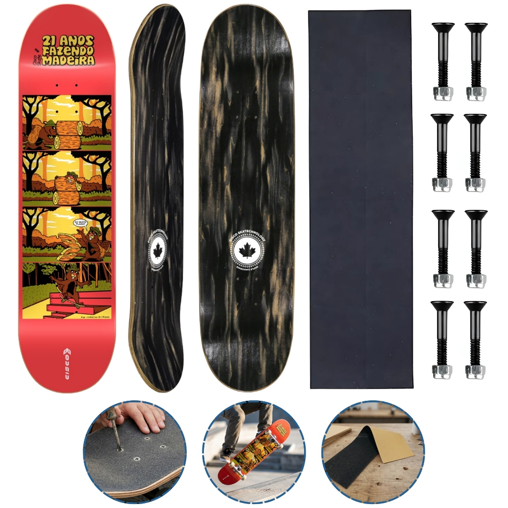 Shape de Maple Canadense Cisco Skate Com Lixa Emborrachada e Parafusos de Base SKT Plaza