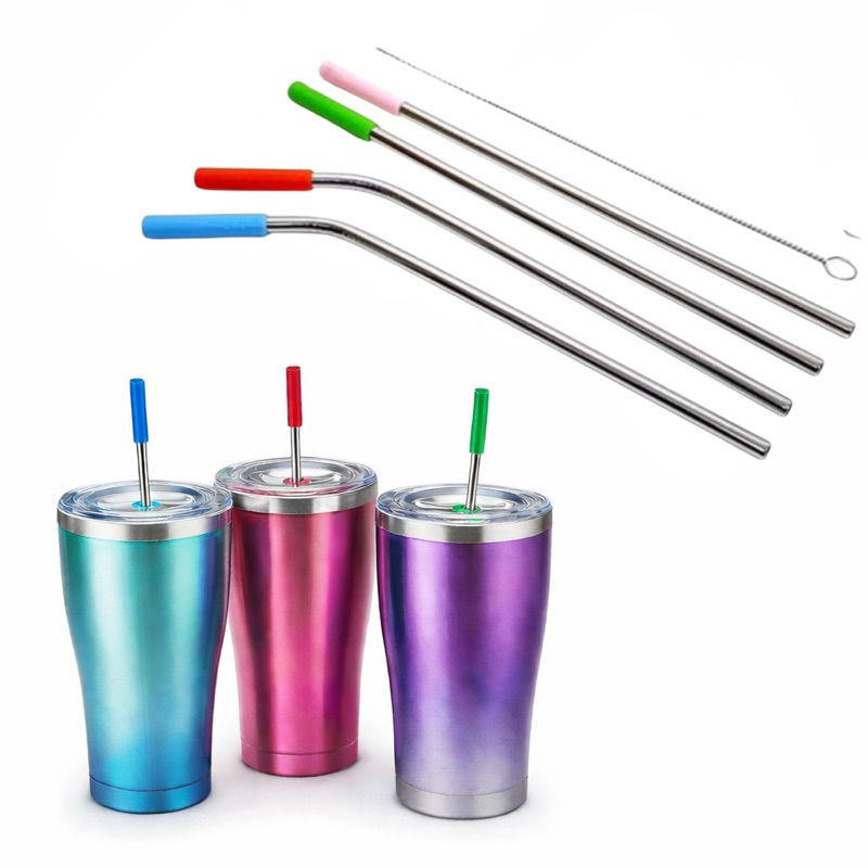 Kit 2 / 4 Canudos de Inox Reutilizável com ponta de silicone com Escova de Limpeza e Estojo – 5 Peças