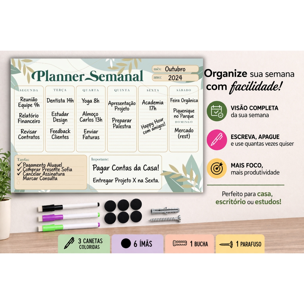 Quadro Lousa Planner Semanal de Parede | Organizador Reutilizável com Caneta e Fixação Inclusa