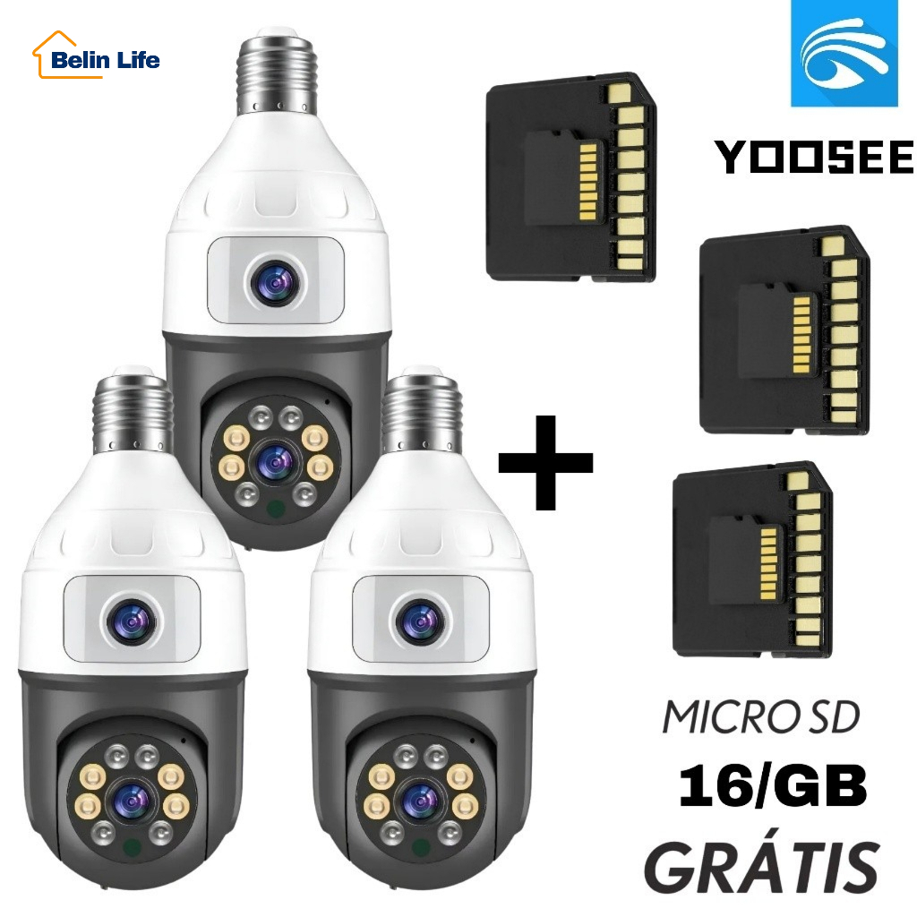 Kit 3 Câmeras Lâmpada 2 Lentes Wifi Giratória + 3 Micro SD 16GB em Oferta na Shopee