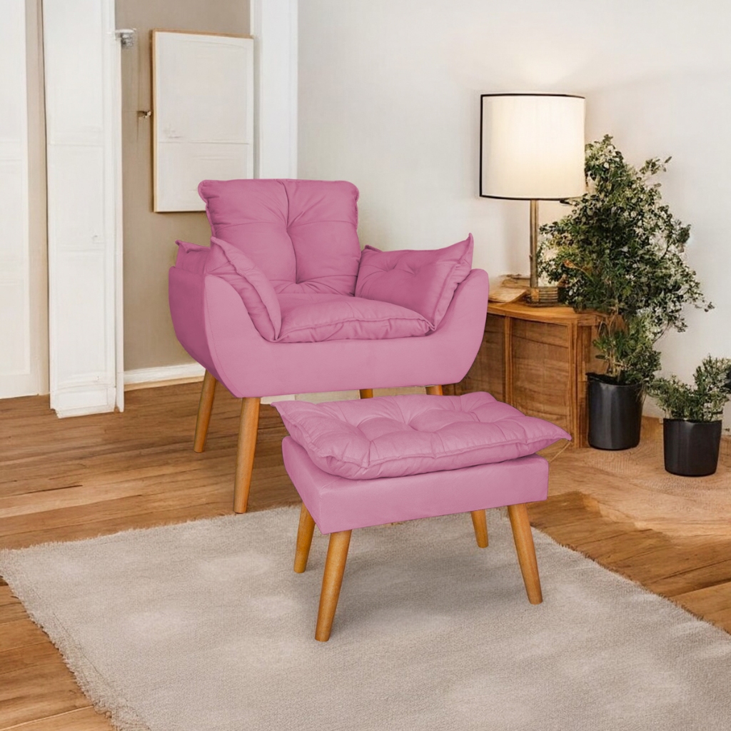 POLTRONA OPALA COM PUFF PARA SALA DE ESTAR E RECEPÇÃO COM PÉS PALITO 30 CM DE QUALIDADE EXCELENTE E TECIDO SUEDE