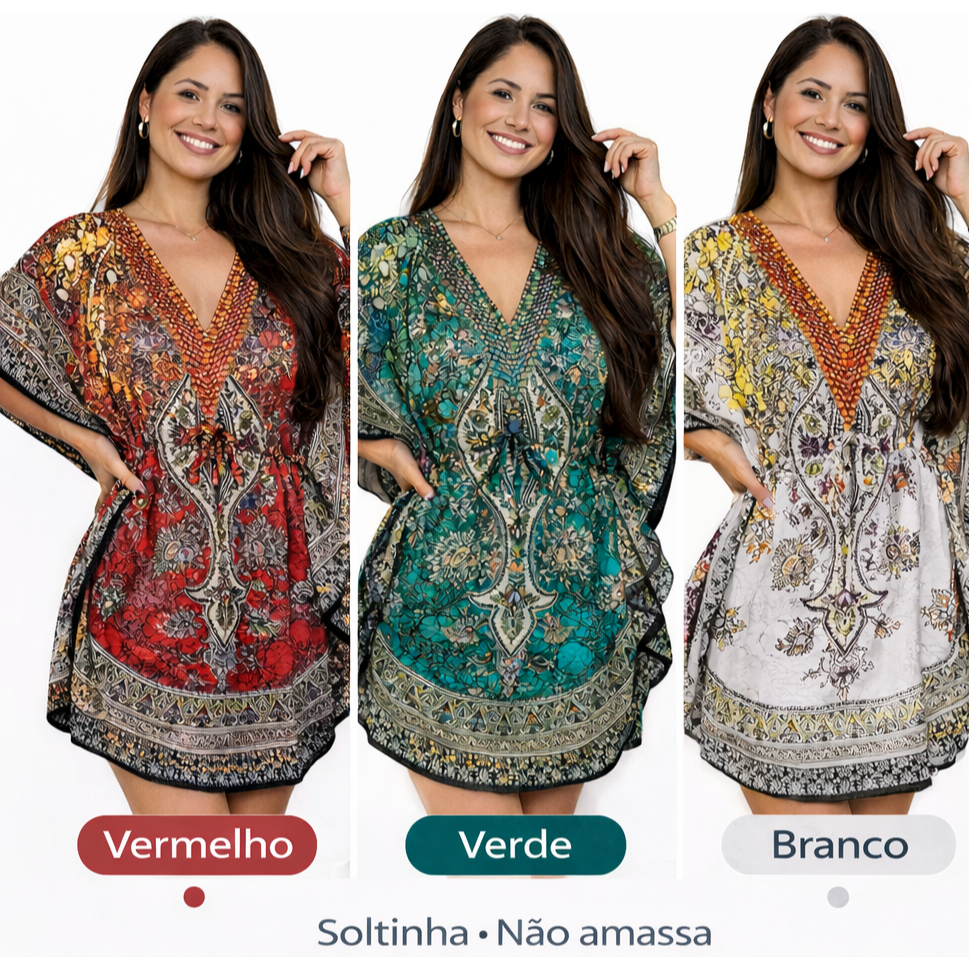 Bata Kaftan Curta Saida de Praia Varias Estampas Confortavel Boho Chic