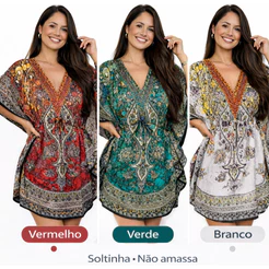Bata Kaftan Curta Saida de Praia Varias Estampas Confortavel Boho Chic