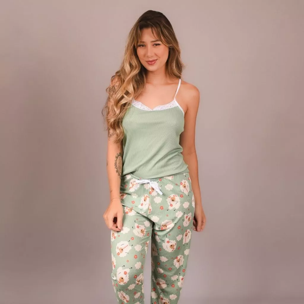 Pijama Baby Doll Feminino Adulto Suede Confortável com Calça Estampada e Blusa Lisa — imagem 1
