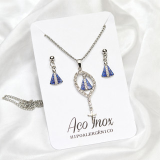 Colar Senhora Aparecida Aço Inox Cravejado Kit Femenino Antialergico Religioso Artigos Religiosos