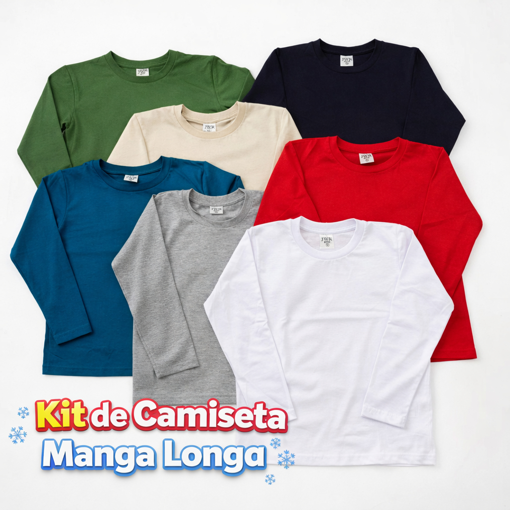 Kit 3, 4, 5 Camiseta Infantil Manga Longa Algodão Menino Menina Inverno Tam 1-10