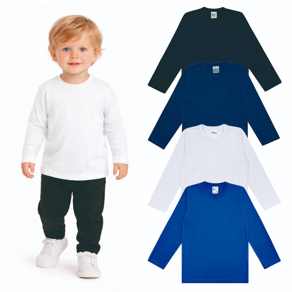 Kit 4 Camisetas Manga Longa Infantil Menino, 100% Algodão, Tamanho 1 ao 3