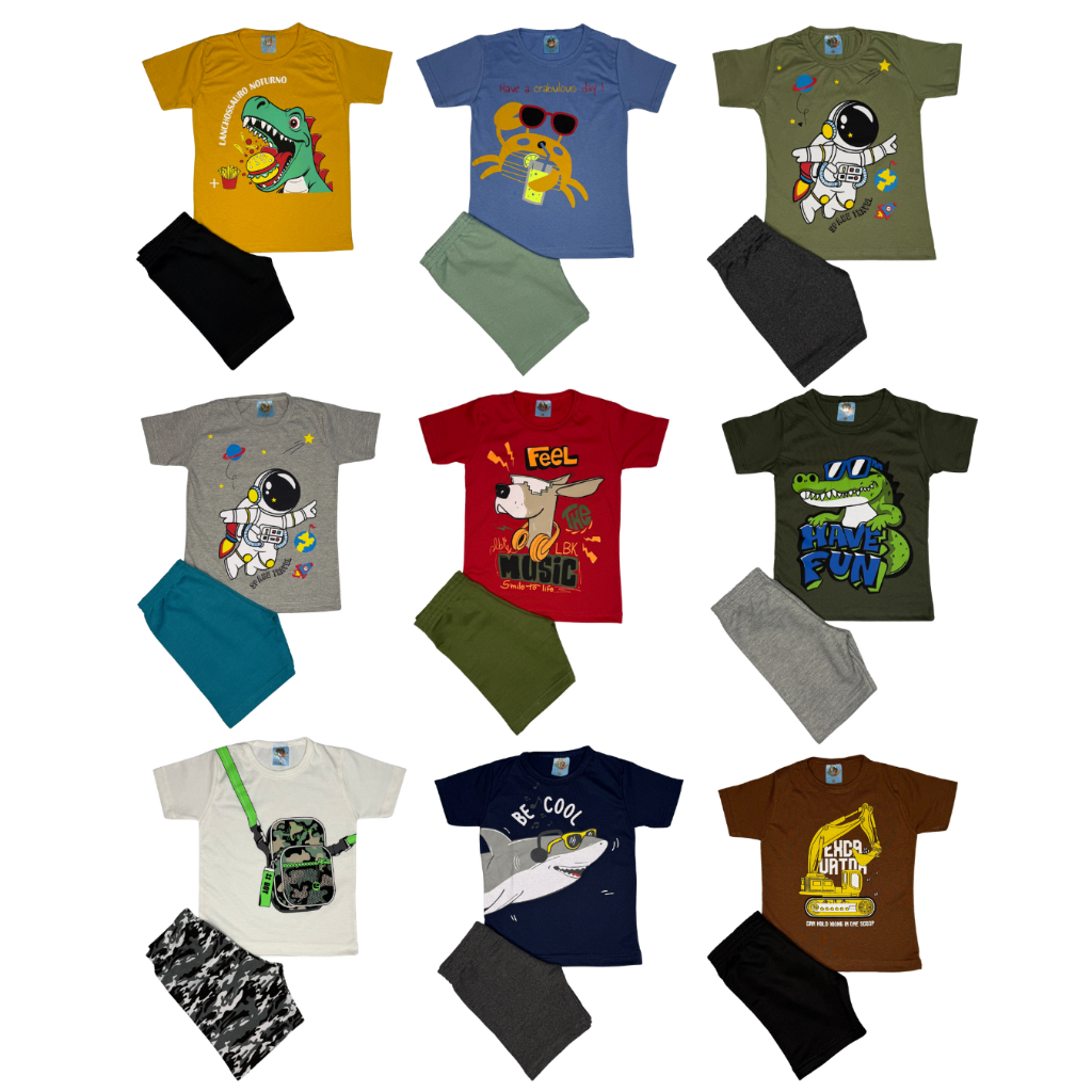 Kit 4 peças sortido roupa infantil menino verão 2 camisas 2 bermudas Tam 1 ao 8 estampas divertidas