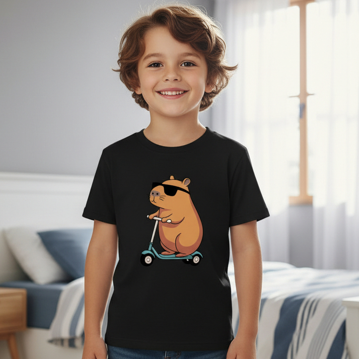 Camiseta Infantil Menino Capivara Radical Patinete Algodão Várias Cores Camisa Kids T-shirt Gamer