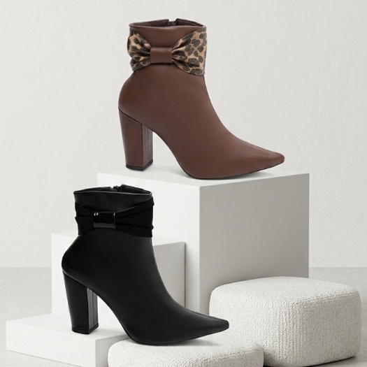 Bota Cano Curto Salto Alto Grosso 9cm Bico Fino Preto Marrom Café Confortável Elegante Luxo Feminina Laço Torricella
