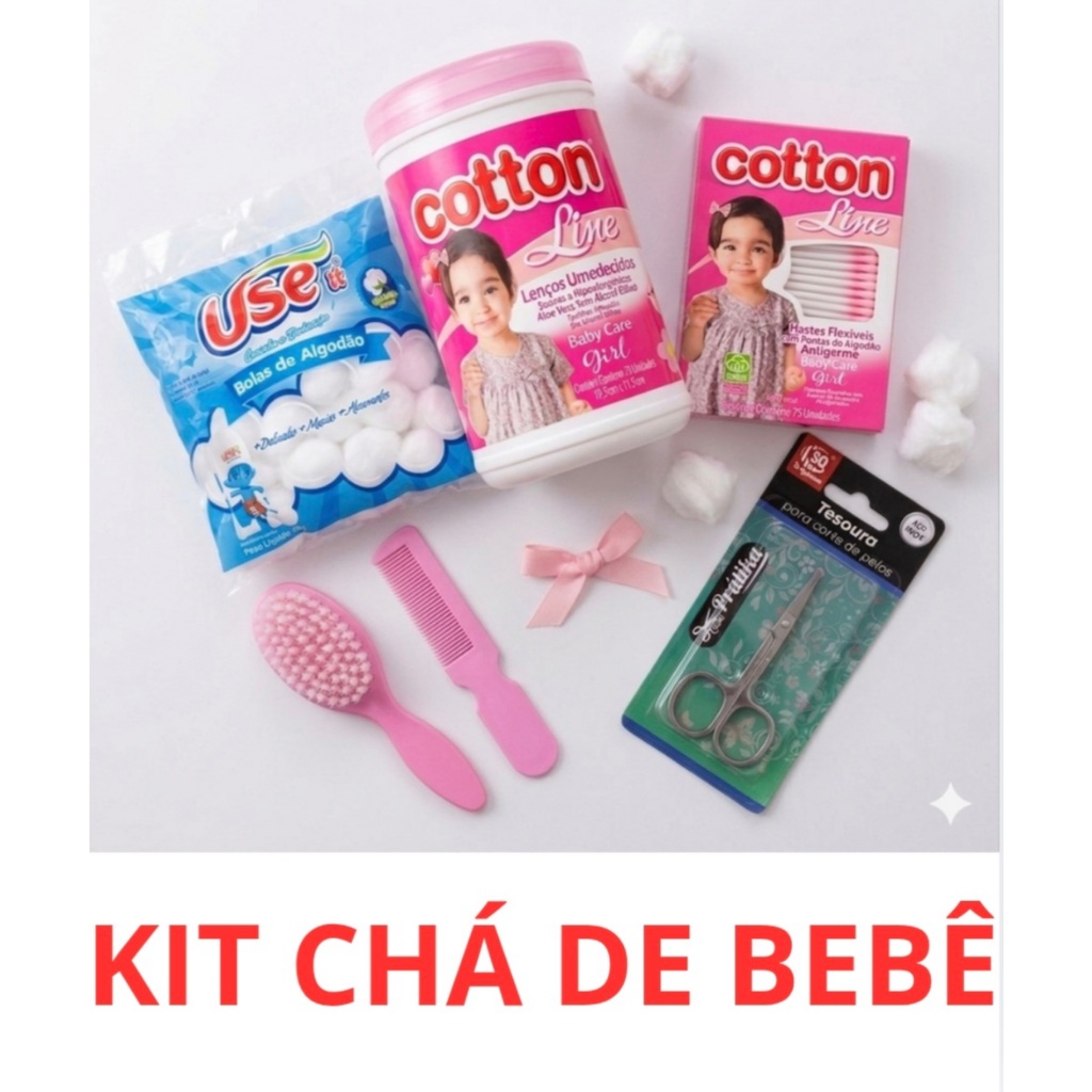 Kit Chá de Bebê Higiene Completo Algodão Lenço Cotonete Escova Pente Tesoura Rosa Azul Infantil