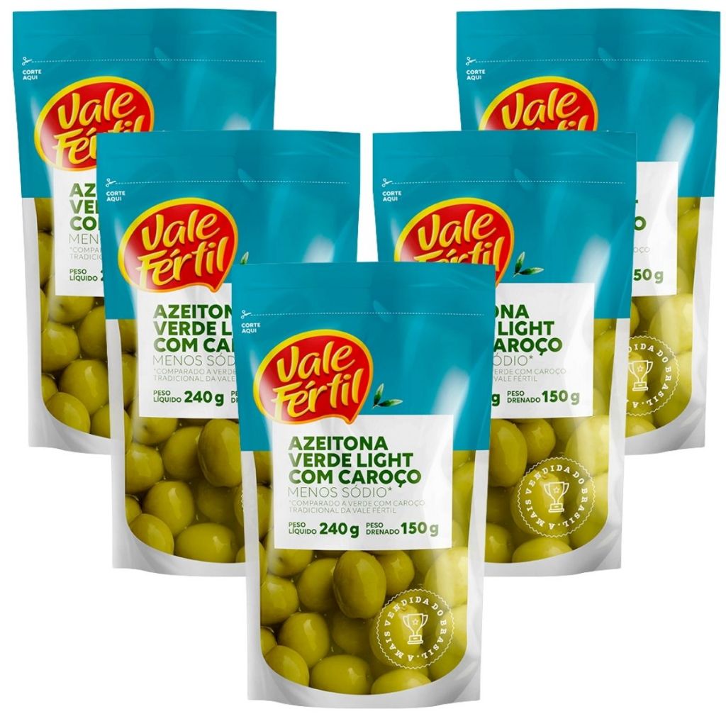 Kit 5 Azeitona Verde Light C/ Caroço Vale Fértil Sachê 150g