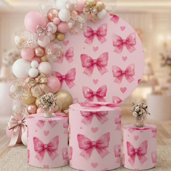 Kit Bibi Painéis Capas Sublimadas 1,5 + Cilindros Tema Laços Festa Rosa Delicada Decoração Feminina