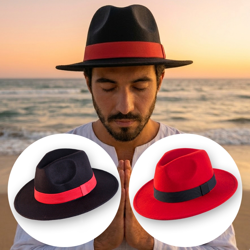 Chapéu Fedora Kit 8 Masculino Feminino Feltro Aveludado Preto Com Fita Vermelha Malandro Gangster