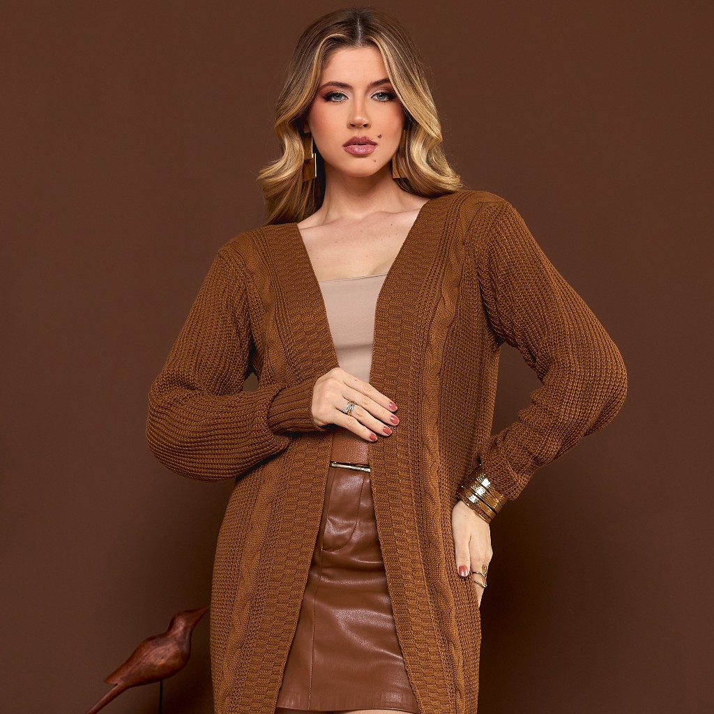 Casaco Básico Tricot Comprido Kimono Longo Tranças Feminino Cardigan Elegante Moda Evangélica