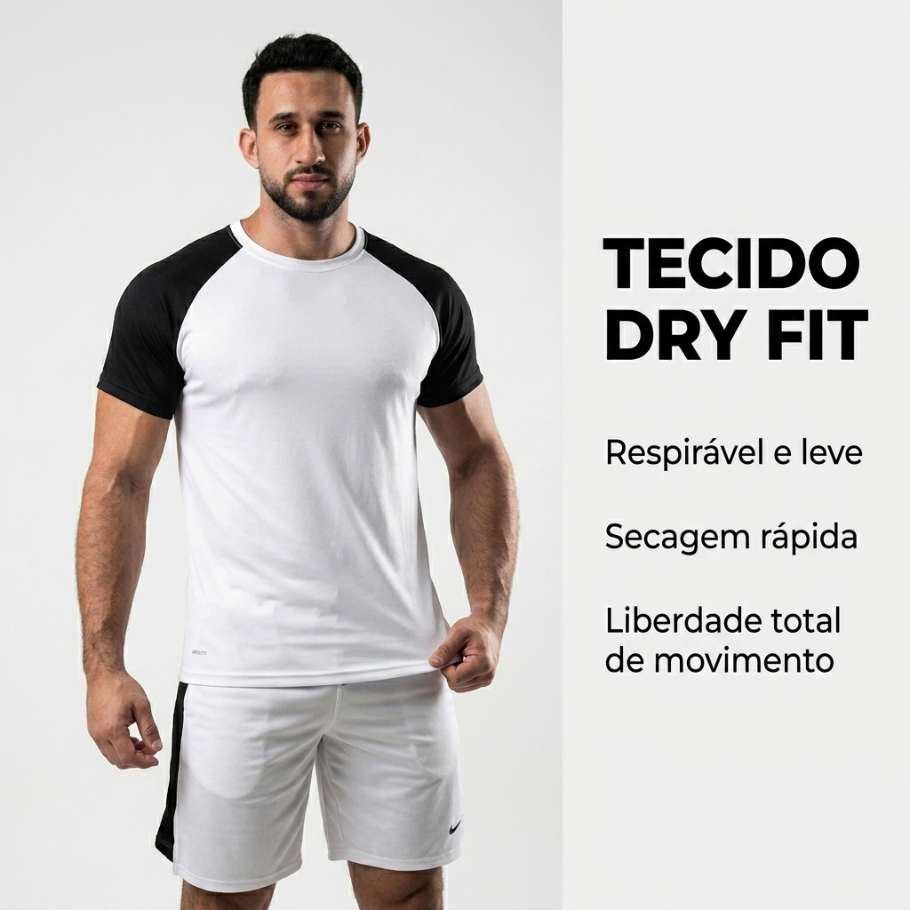 Conjunto Camiseta Raglan + Bermuda Corte Americano Esportivo Masculino Academia Dry Fit