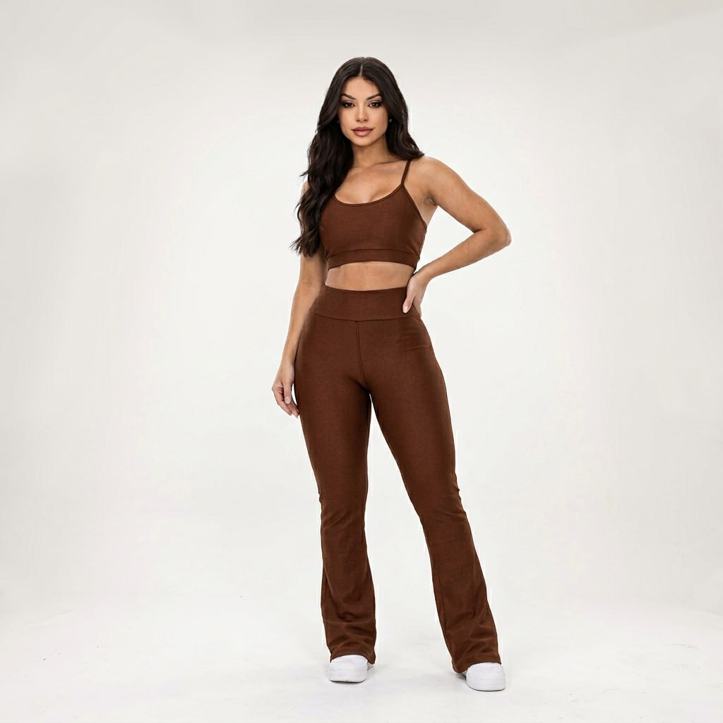 Conjunto Academia Fitness Feminino Marrom Top Cropped E Calça Legging Flare Zero Transparência