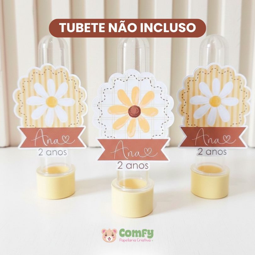 Kit 10 a 50 Apliques 3D Personalizado para Tubete - Flores Margaridas | Festa Infantil, Lembrancinha, Qualquer Tema