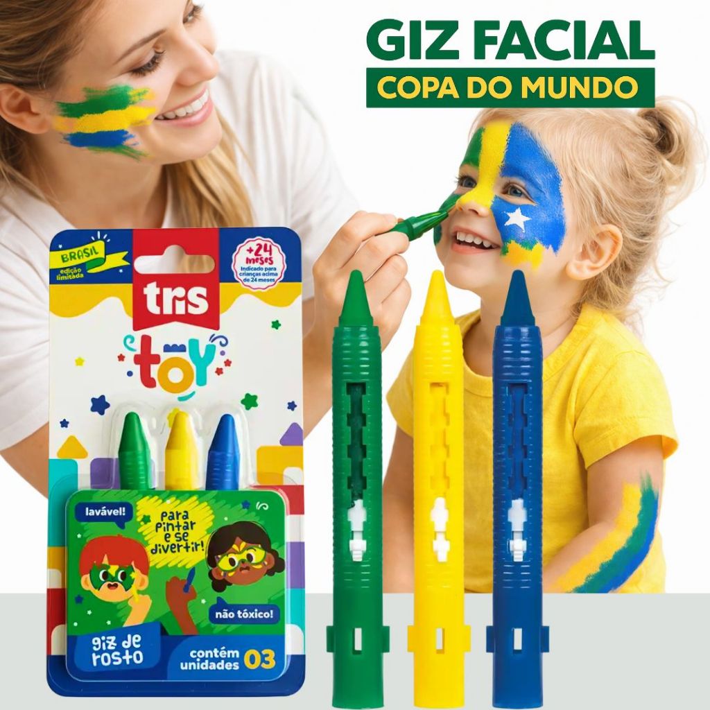 Giz de Cera Facial Copa do Mundo 2026 Brasil Pinta Rosto Pele Tinta Verde Amarelo Azul Infantil Adulto