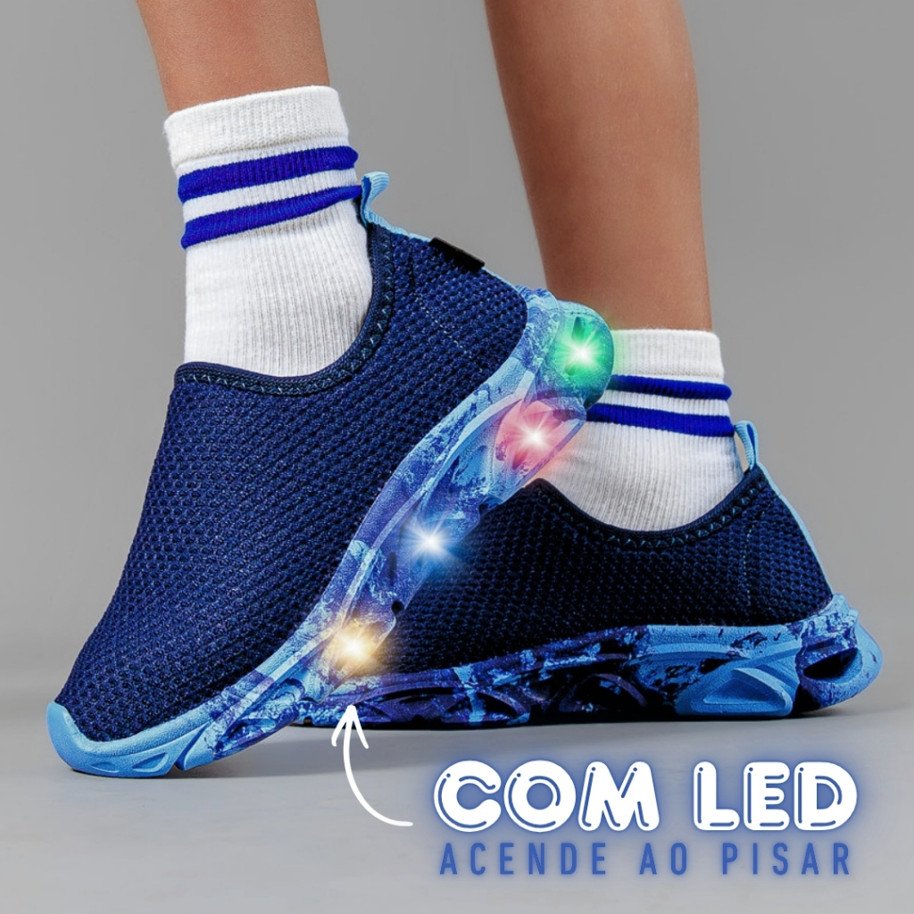 Tênis Infantil Com Led Menino Calce Fácil Escolar Azul Marinho Com Luz Luzinha Colorida