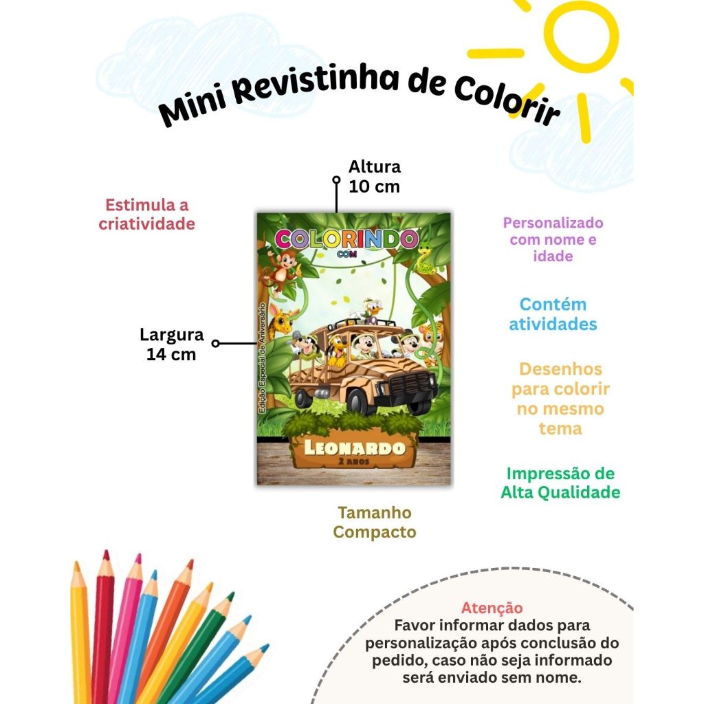Mini Livrinho de Colorir com Atividades Mickey Safari Personalizado Lembrancinha de Aniversário Infantil - Todos Temas