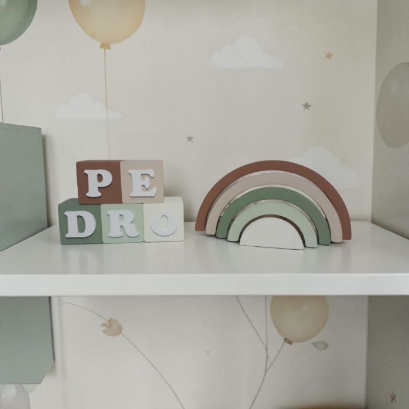 kit de Decoração mdf arco iris + cubos tons verde, marrom e bege decoração festa infantil mdf