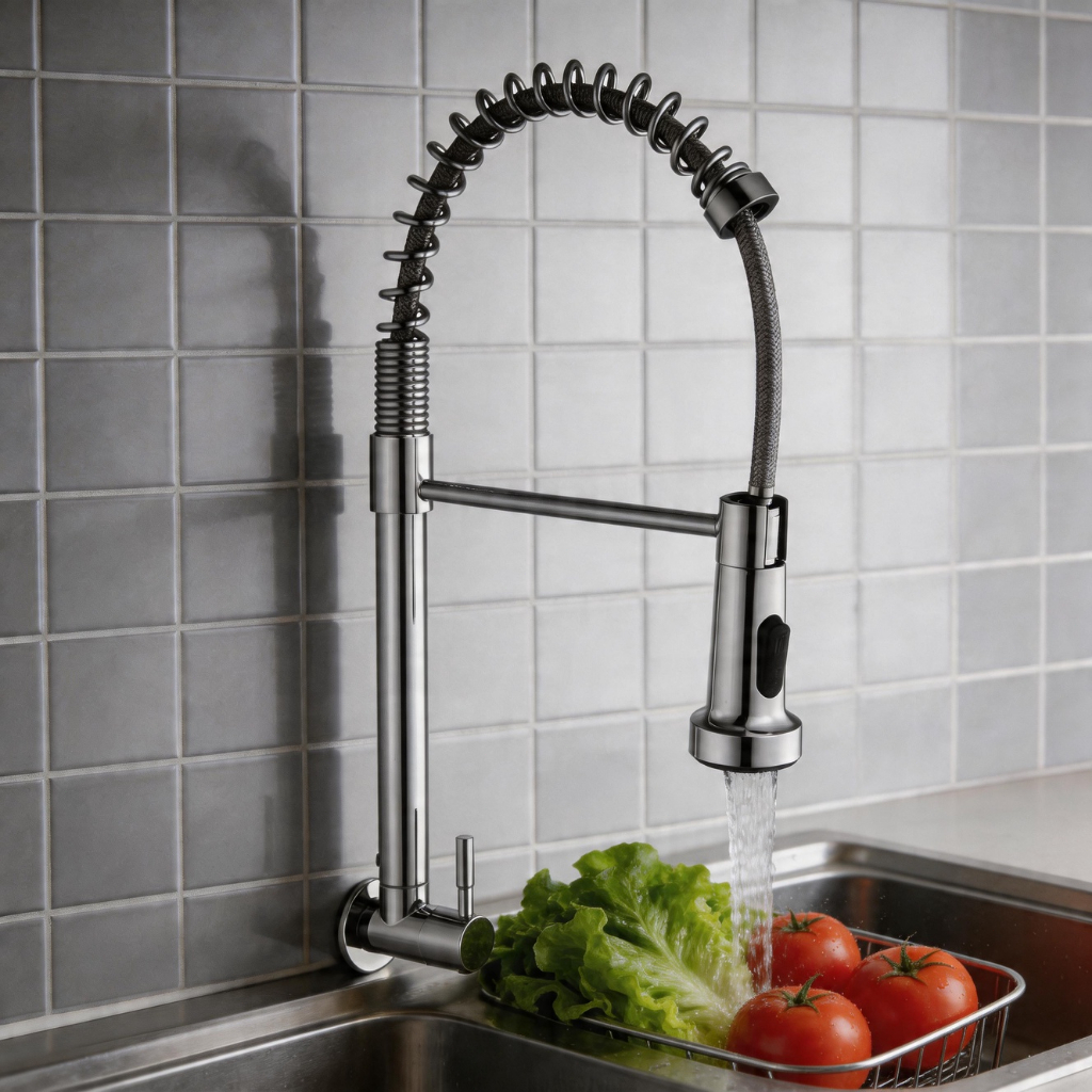 Torneira Gourmet de Parede com Mola Retrátil, Monocomando, Cromado, Ideal para Pias Grandes