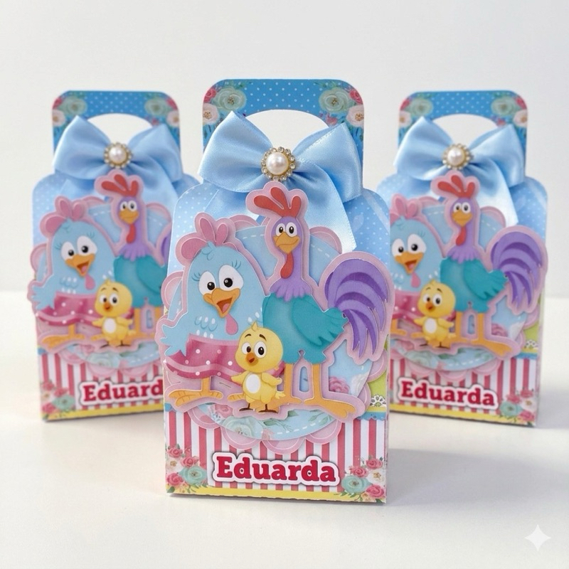 Kit 10 Unidades Caixa Sacolinha Galinha Pintadinha  Luxo  Personalizada Nome - Papel Fotográfico Brilho