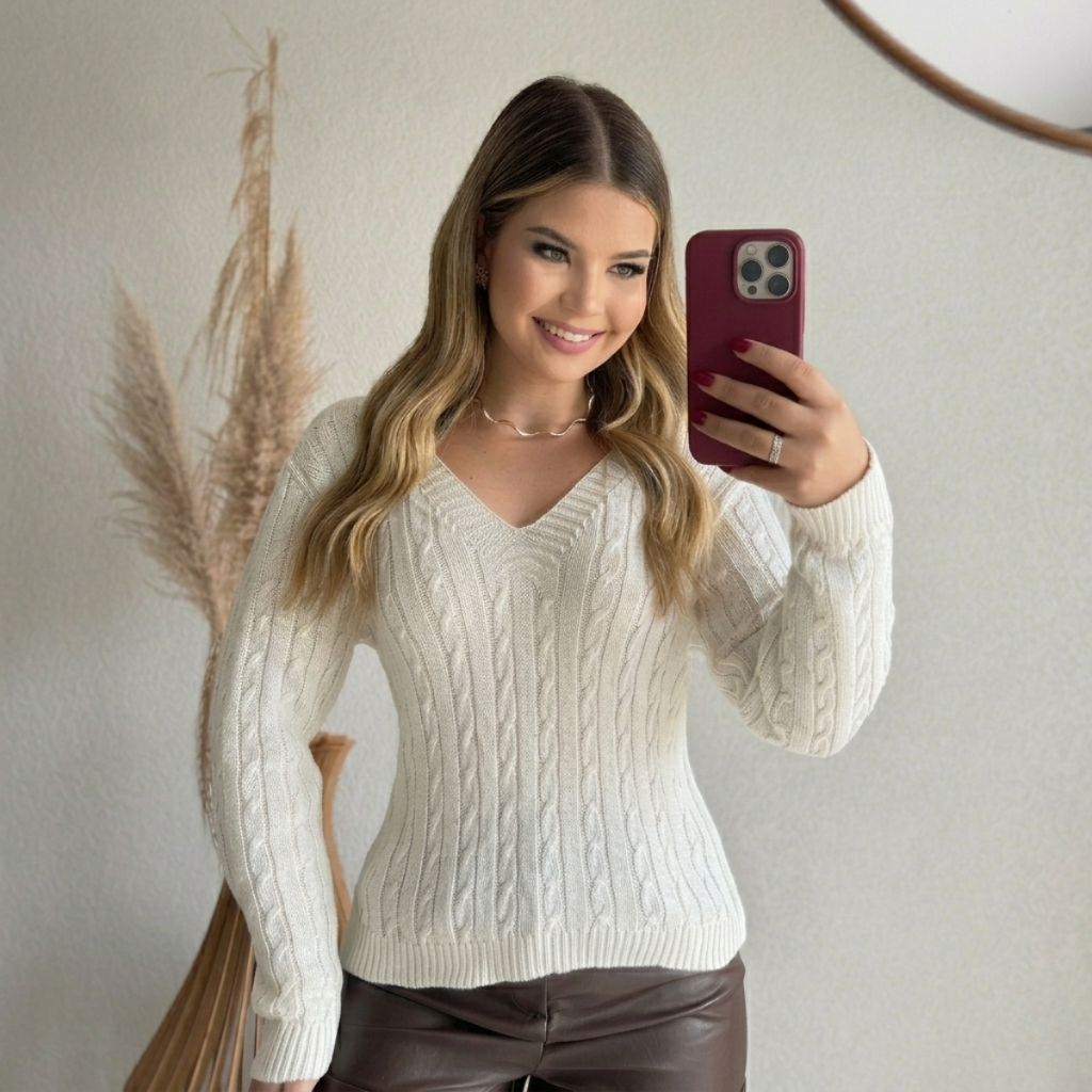 Blusa Feminina Tricot Gola V Trançada Manga Longa Elegante Premium