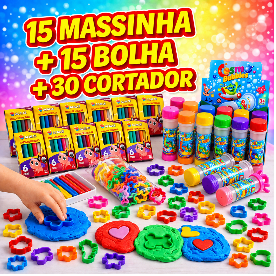 15 Massinha de Modelar + 15 Bolha de Sabão + 30 Cortador Molde Forminha Lembrancinha Infantil