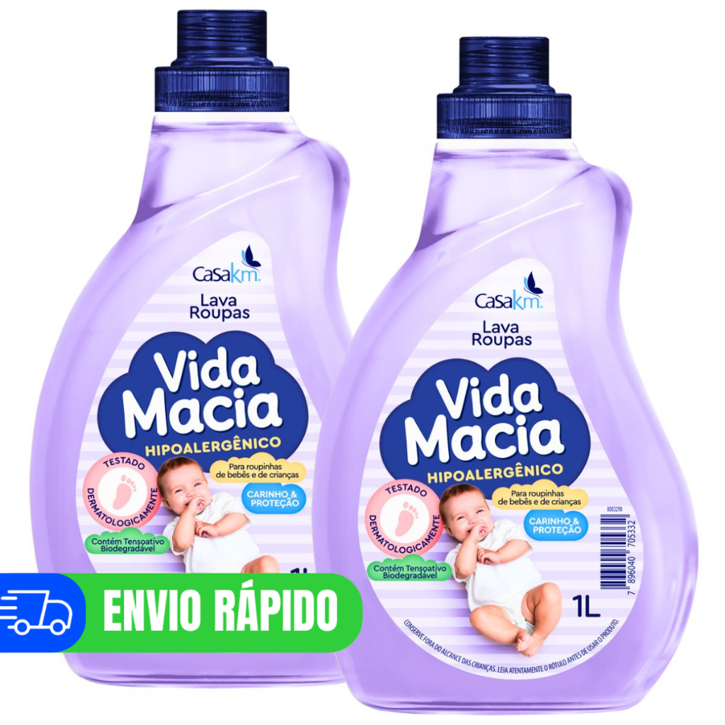 Kit 2 Lava Roupas de Bebê Vida Macia Sabão Liquido 1 Litro