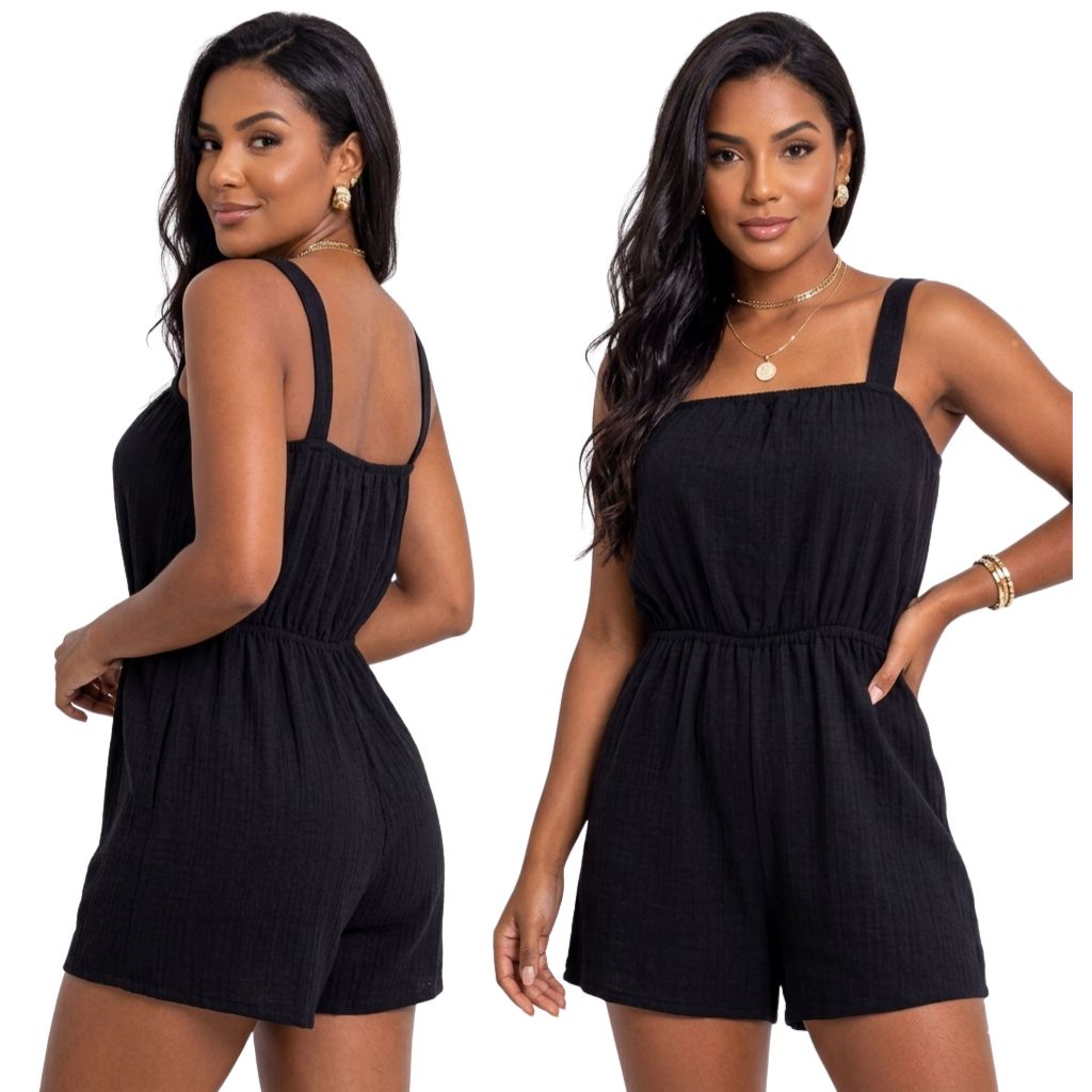 Macaquinho Feminino Soltinho Duna Com Elástico Na Cintura Alça Regulável Moda Verão Dia a Dia