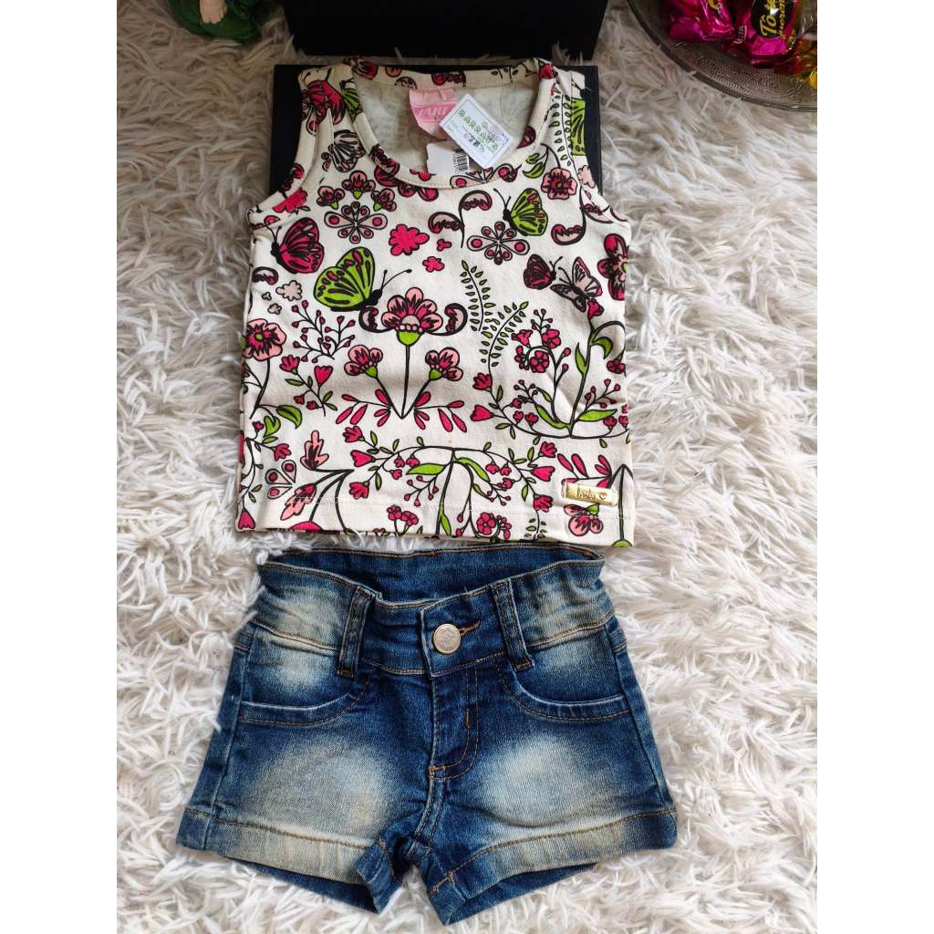 Conjunto Infantil Feminino, (Blusa Regata Floral + Shorts Jeans) Tam: 1, Marca: Bauerbauer1977
