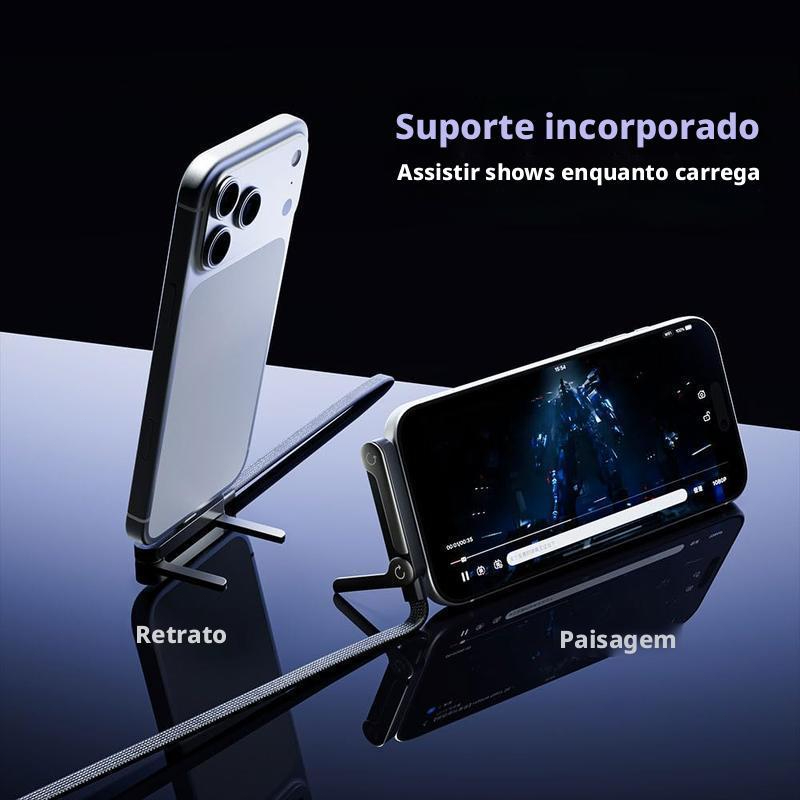 Cabo Carregador Invisível 2 em 1 240W Super Rápido Duas Pontas Type-C Preto Ideal para Carro Jogos Mag Safe Suporte Dobr