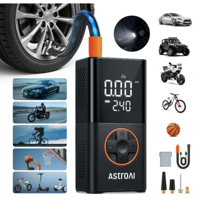 AInflador Pneus Sem Fio 150 PSI 17 L/min TrueGauge Display Duplo Digital Auto Stop USB-C Carros Motos Bicicletas AstroAI