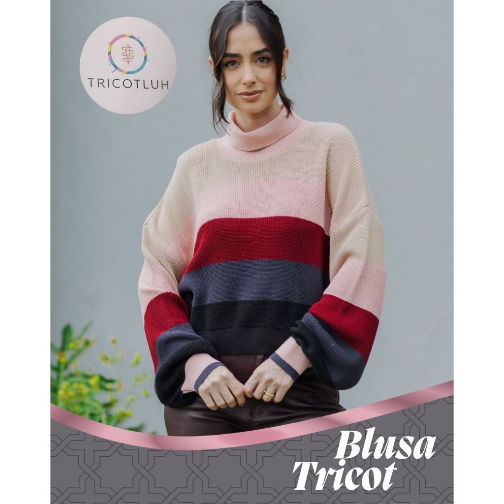 Blusa Feminina Tricot Listras Largas Horizontais Tricô Gola Cacharrel Canelada Manga Longa Inverno