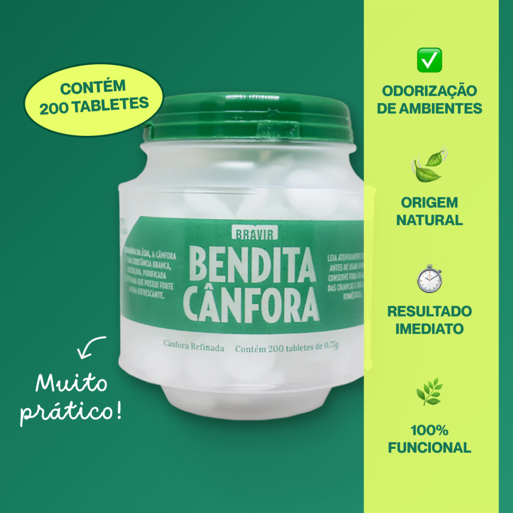 Aromatizador Cânfora Pote c/ 200 Pastilhas Bendita Cânfora | Multiuso Para Toda a Casa | Elimina Odores