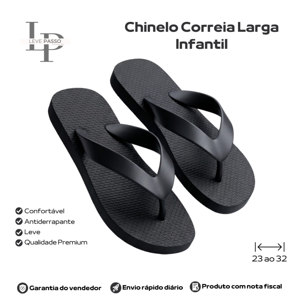 Chinelo LevePasso Infantil Preto Correia Larga Unissex Confortável Antiderrapante Numeração 25 ao 32 Casual