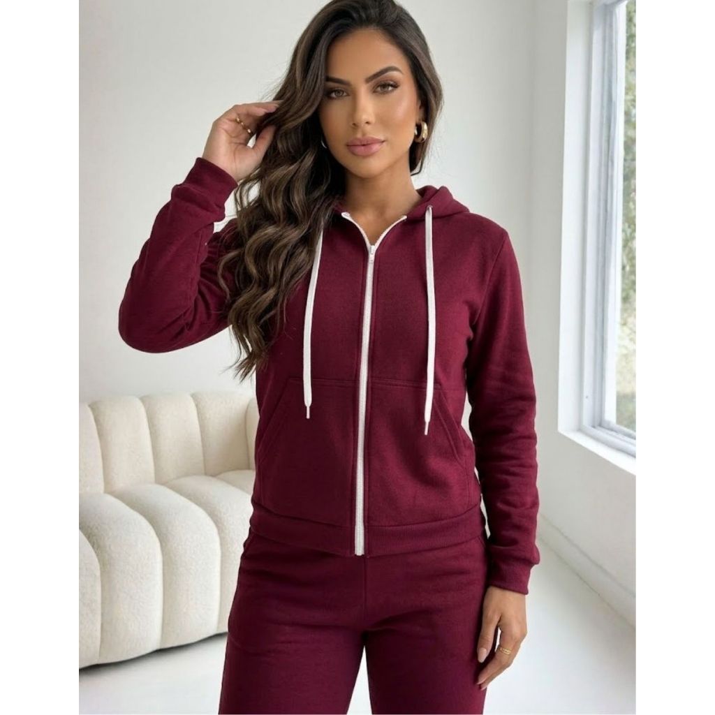 Conjunto Moletom Feminino Zíper Básico Bordô Casaco Inverno Felpudo