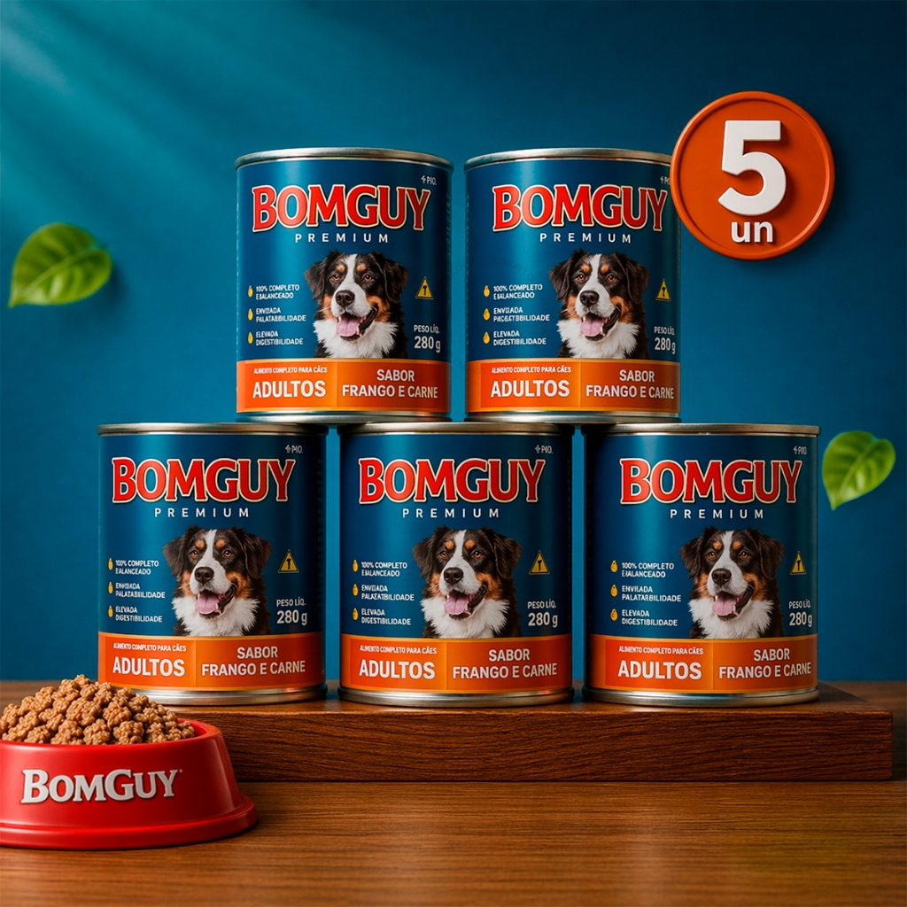 Kit 5 10 ou 24 Bomguy Patê Premium Sabor Frango e Carne Lata 280G Ração Úmida Natural Cães FVO